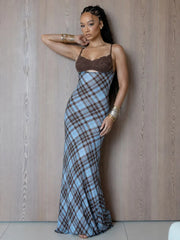Plaid Lace Trim A-Line Maxi Dress on model indoors