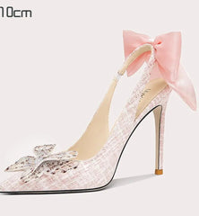 Pink Butterfly Bow Heels | Lolita Pointed Cotton Party Pumps