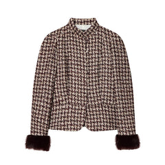 Faux Fur Cuffs Plaid Stand Collar Jacket