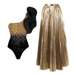 Metallic One-Shoulder Ruffled Bodysuit and Pleated Maxi Skirt Set