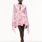Pink dress with ruffled sleeves and hem