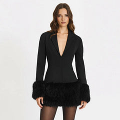 Black Fur-Trim Mini Blazer Dress with Deep V Neck