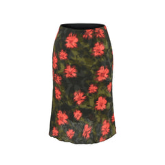 Black and red floral print A-line midi skirt