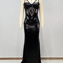 Black Sequin Spaghetti Strap Mermaid Gown