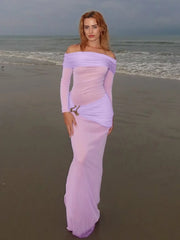 sheer draped mesh gown with long sleeves