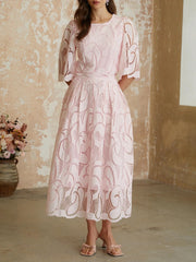 O-Neck Lace Overlay Puff Sleeve Cropped Top and Pleated Midi Skirt Set