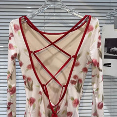 Floral Mesh Tie Back Long Sleeve Top - Detail View 2
