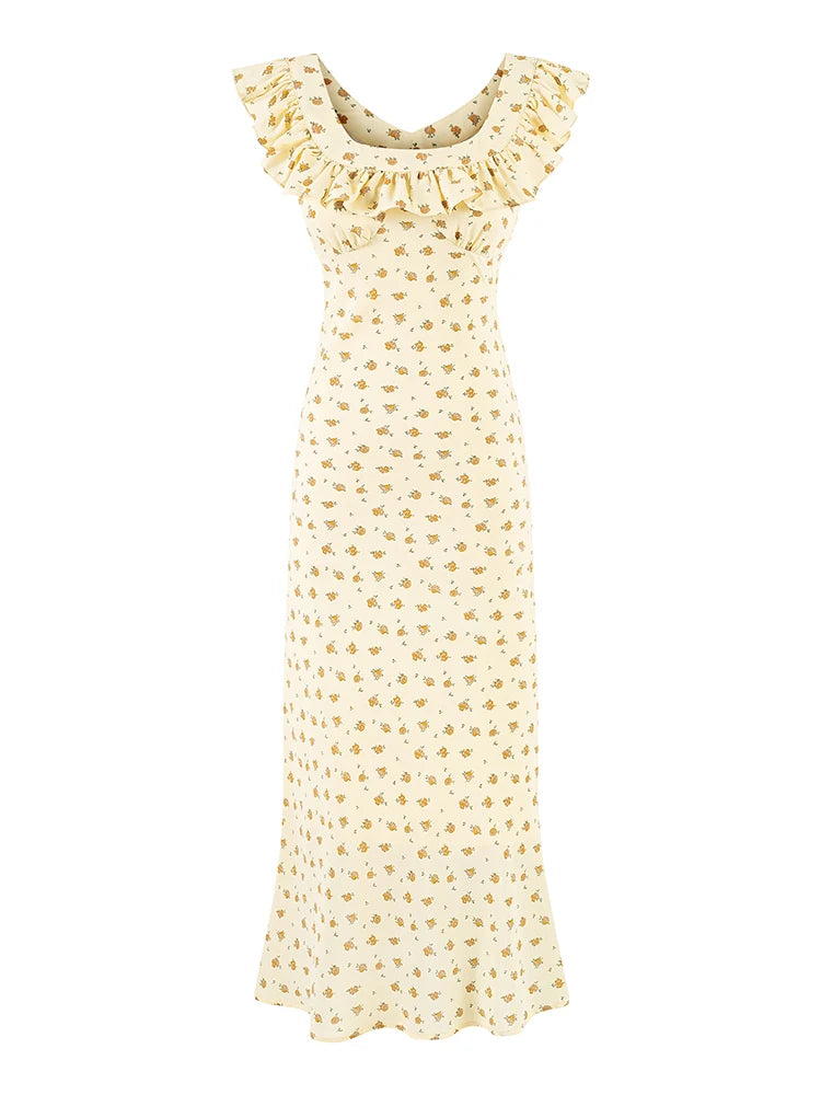 Pale yellow floral print maxi dress with v-neck and ruffles