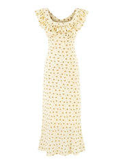 Pale yellow floral print maxi dress with v-neck and ruffles