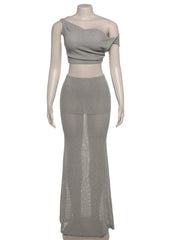 Mannequin wearing a gray two-piece outfit on a white background