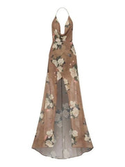 Brown Floral Print Halter Neck Split Maxi Dress