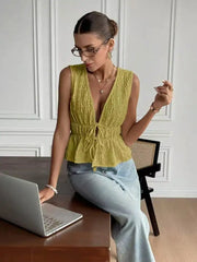 V-neck Lace-up Peplum Top