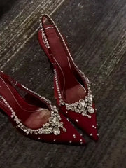 Pointed Toe Slingback Pumps with Crystal Embellishments
