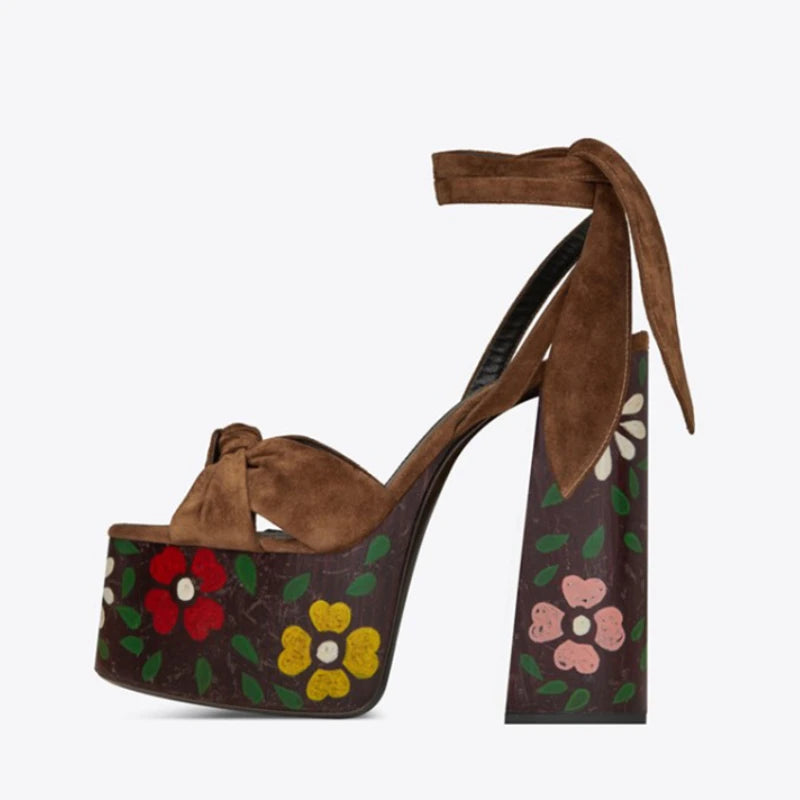 Floral platform Heels with tie ankle strap and bow detail