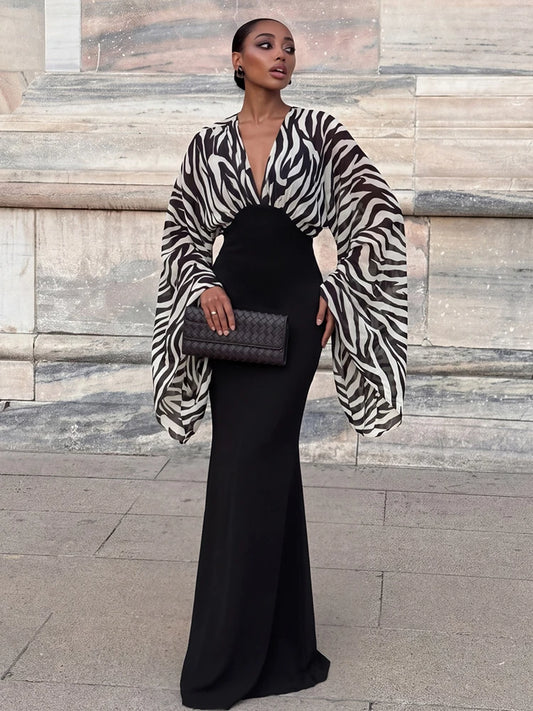 Zebra print V-neck midi dress with flare sleeves