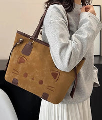 Cute Cat Face Suede Shoulder Tote Bag
