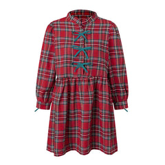 Plaid Mock Neck Long Sleeve Bow Collar Mini Dress