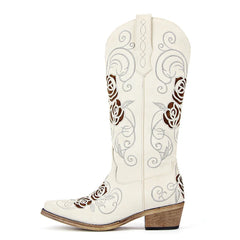 White cowboy boot with brown rose embroidery on a white background