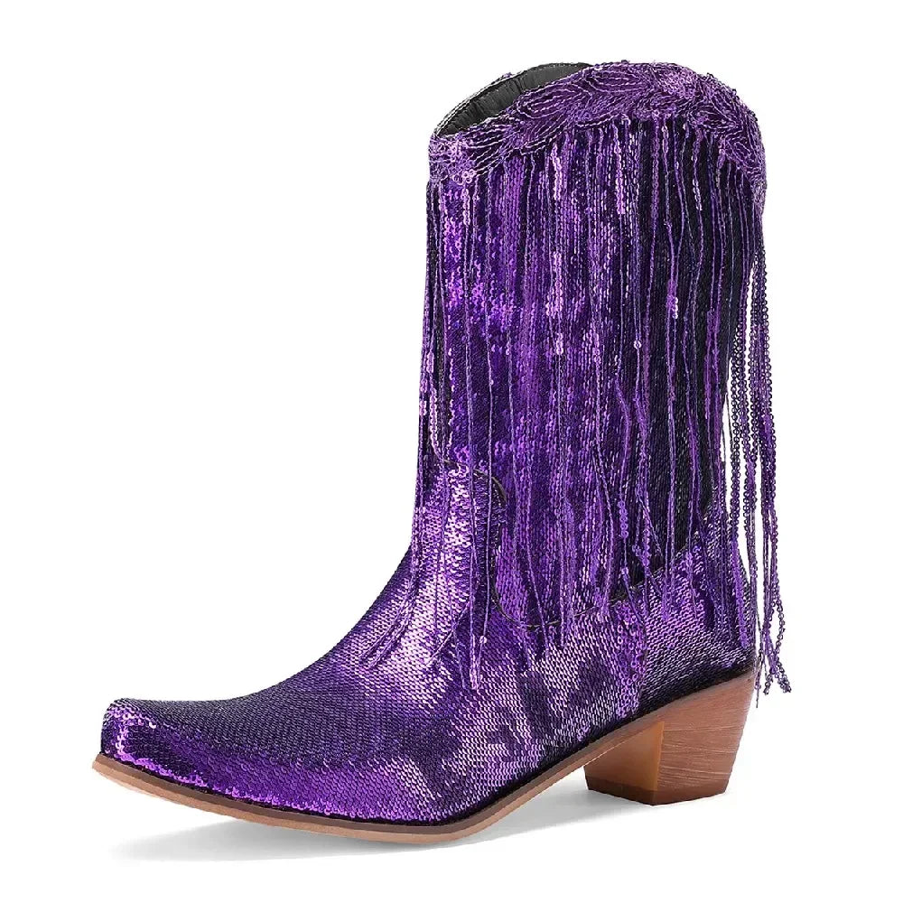 Purple metallic cowboy boot with fringes on a white background