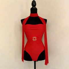 Red bandeau swimsuit with scarf detail on mannequin