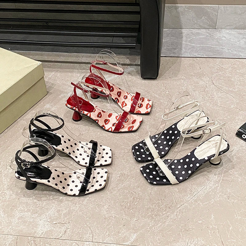 Polka dot ankle strap heels with a block heel