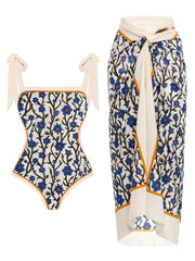V-Neck Tie-Strap Swimsuit and Wrap Skirt Set