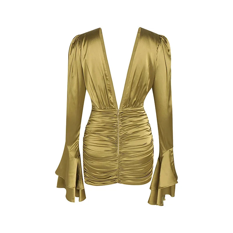 Gold satin dress with ruched bodice on a white background