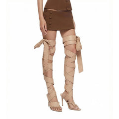 Studded Lace-Up Thigh-High Heels