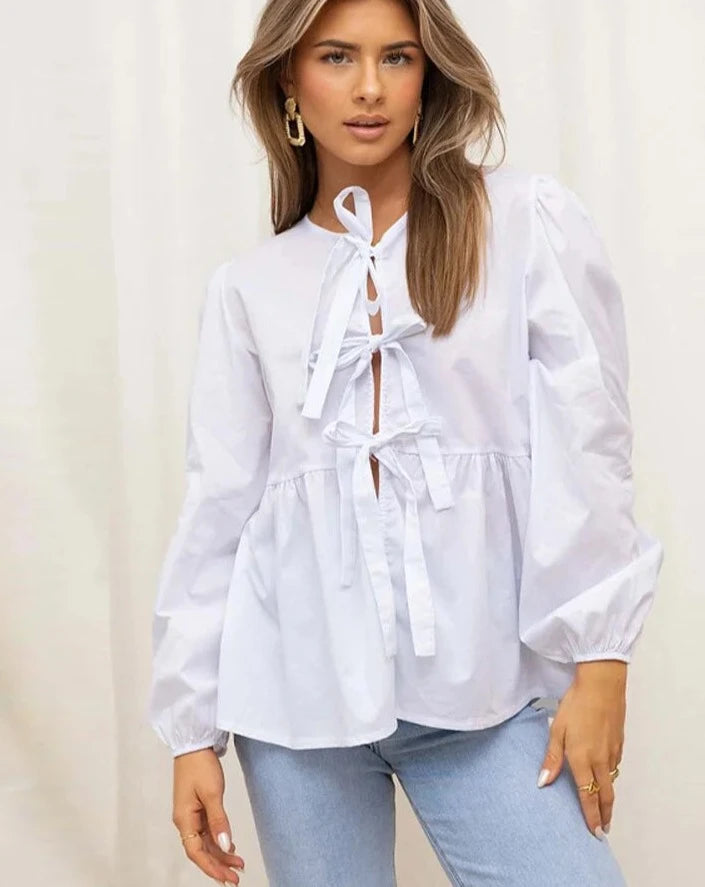 Bow Tied Lace Up Puff Sleeve Hollow Out O-neck Blouses