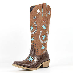 Brown embroidered star chunky heel boots side view