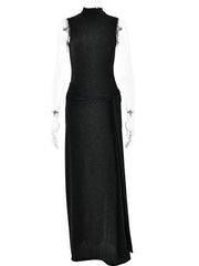 Shiny High-Neck Sleeveless Wrap Maxi Dress