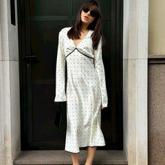 Satin Polka Dot Long Sleeve Midi Dress