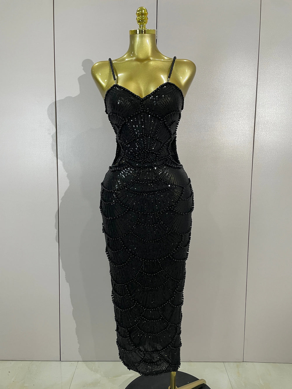 Black beaded sequins spaghetti strap dress