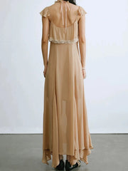 Beige ruffled lace trim maxi dress back view