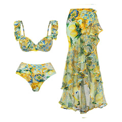 Ruffle Trim Floral Print Swimwear Set