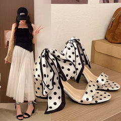 Polka Dot Scarf Bow Block Heel Sandals