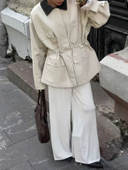 Drawstring Waist Lapel Collar Utility Jacket