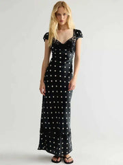 Polka dot cap sleeve maxi dress with lace trim