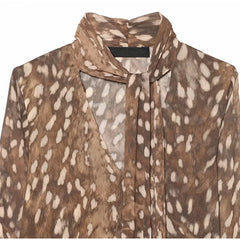 Deer Print Tie Neck Flare Sleeve Shirt