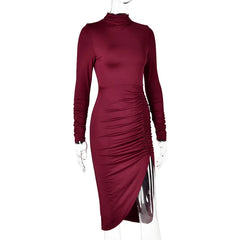 Long Sleeve Ruched Slit Turtleneck Midi Dress