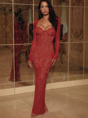 Red Lace Sheer Sleeve Removable-Sleeve Maxi Dress