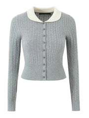 Gray knit cardigan with a white collar on a white background