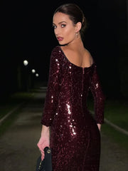 Burgundy Off Shoulder Mesh Sequin Maxi Gown