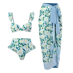 Tie-Strap V-Neck One-Piece Swimsuit with Matching Sarong Set