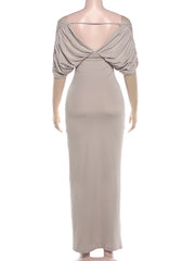 Ruched Off-Shoulder V-Neck Maxi Dress