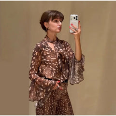 Deer print tie neck flare sleeve top