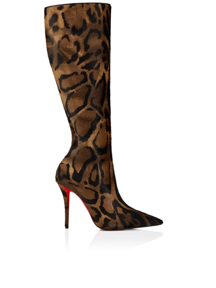 Leopard print knee-high boot with red sole