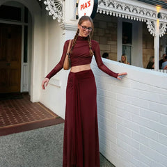 Mock Neck Mesh Crop Top Draped Maxi Skirt Set
