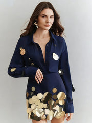 Round Sequins Long Sleeve Shirt and Mini Skirt Set