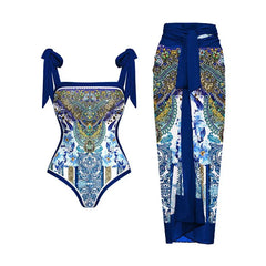 Floral Print Tie-Strap Bikini and Sarong Set
